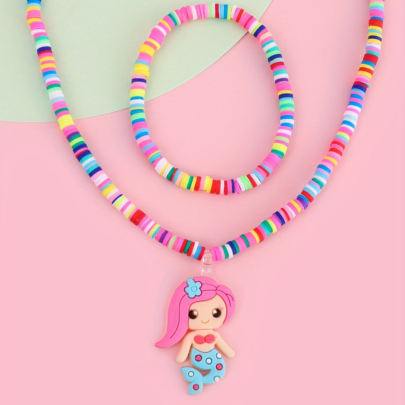 2pcs Mermaid Colorful Beaded Necklace Bracelet Set for Girls