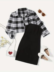 2pcs Girls' Solid Cami Dress & Plaid Shirt Top Set for Party