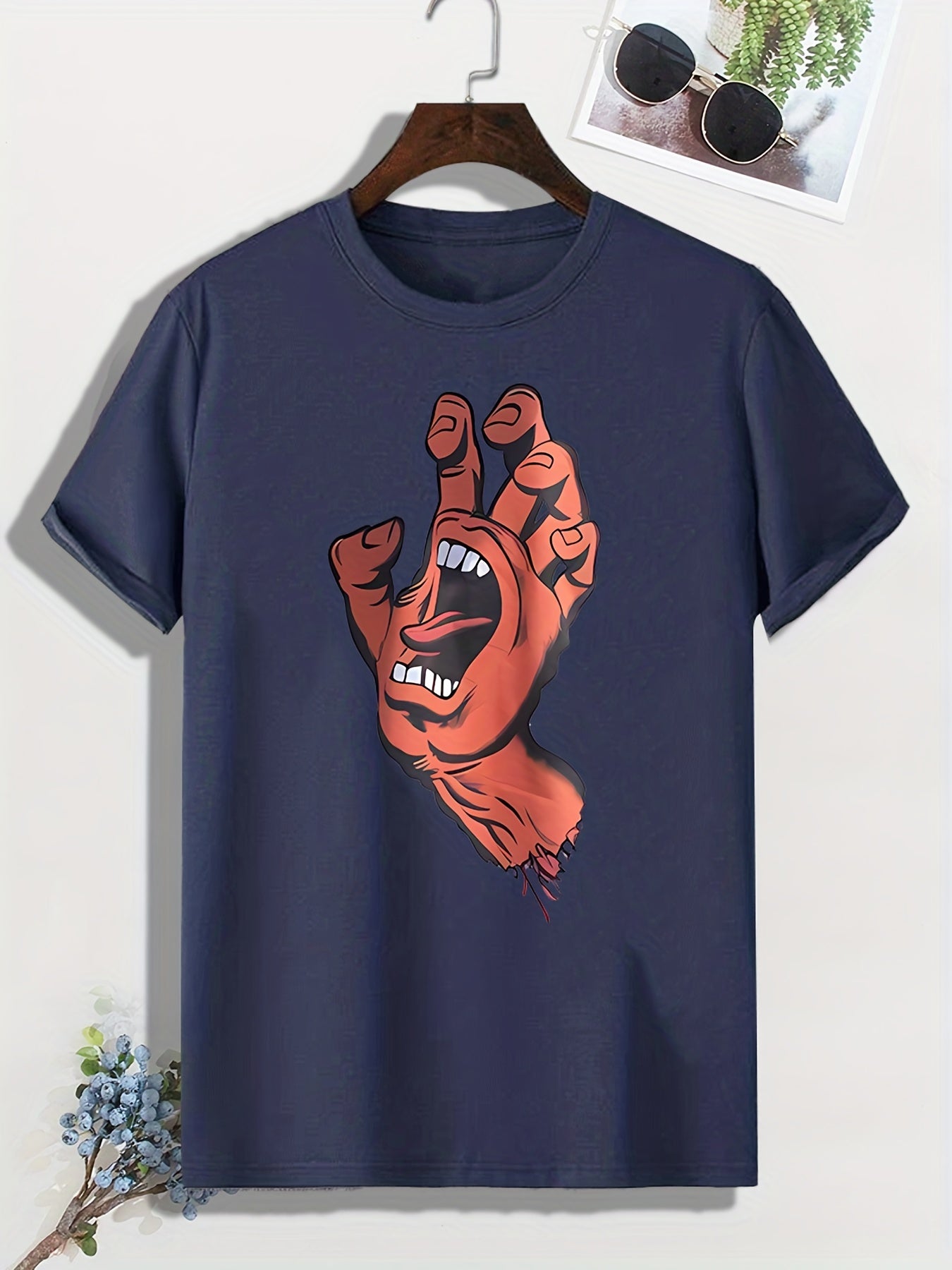 Men's Cartoon Hand Print T shirt Active Slightly Stretch Tee