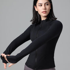 Solid Crew Neck Full Zipper Yoga Sports Jacket