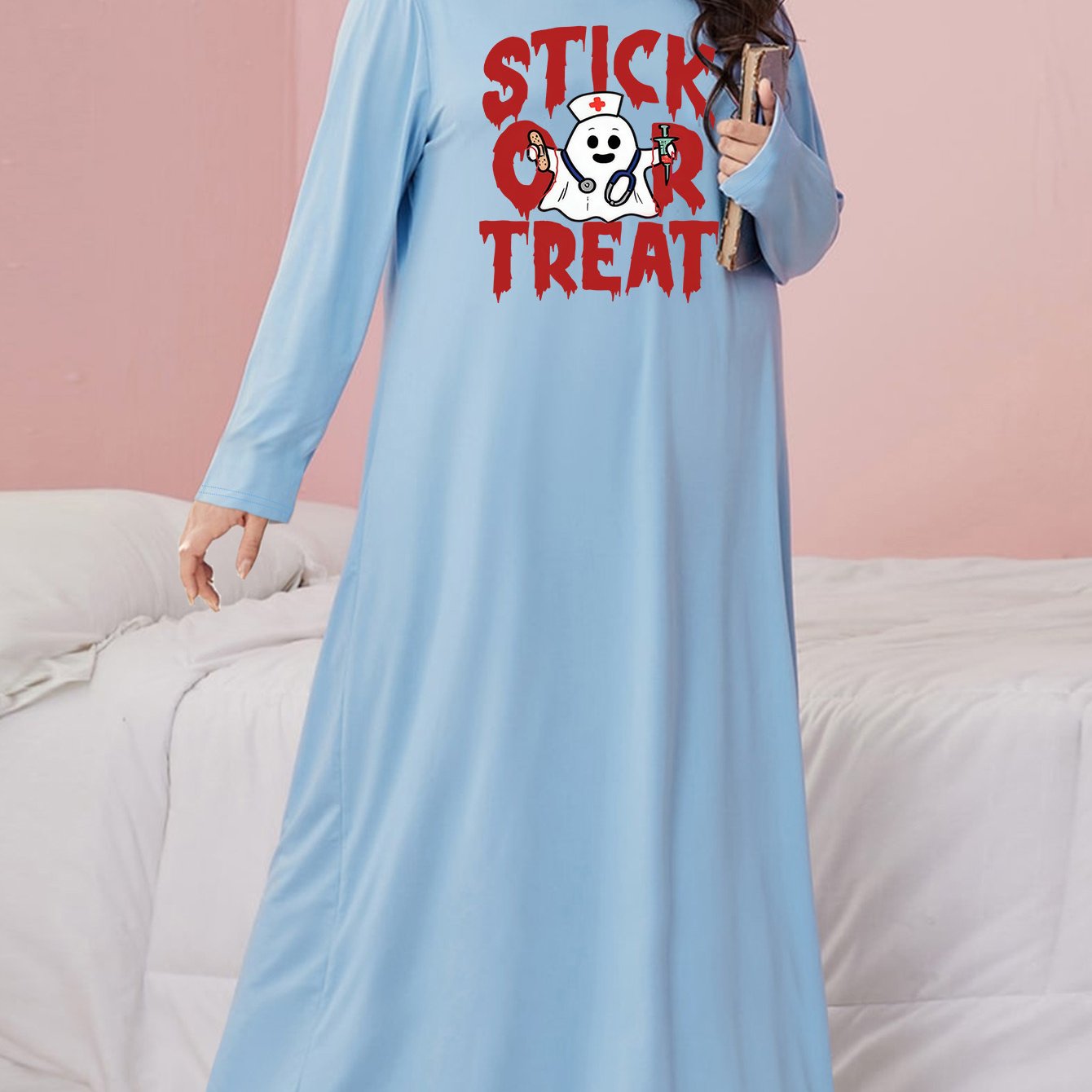 Gothic Nightdress Halloween Cosplay Ghost Print Long Sleeve