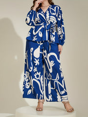 Graffiti Print Peplum Top & Wide Leg Pants Set
