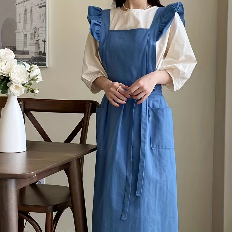 Ruffled Linen Apron X Back Pockets for Chefs Gardeners Cooks Bakers Florists
