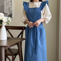 Ruffled Linen Apron X Back Pockets for Chefs Gardeners Cooks Bakers Florists