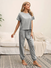 Solid Lounge Set Short Sleeve Crew Neck Top & Lace Up Pants