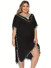 Crochet Tassel Trim V Neck Cover Up Dress