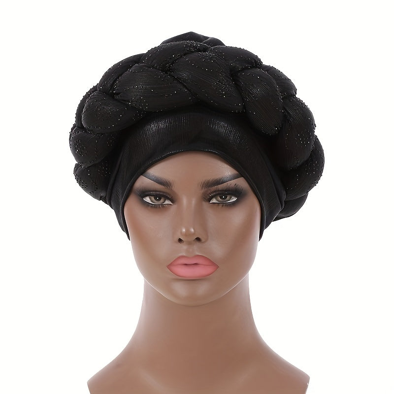 Twist Braided Turban Cap Rhinestone Decor Big Head Wrap Hijab Hats