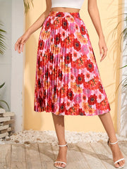 Floral Print Pleated Skirt High Waist Casual Skirt