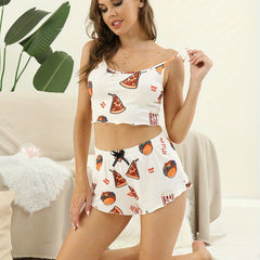 Funny Food Print Pajama Set Sleeveless Cami Top & Bow Shorts
