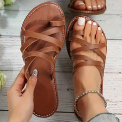Women's Toe Loop Slide Sandals Cross Strap Slip On Flats Beach Shoes