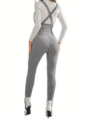 Houndstooth Print Overall Jumpsuit Casual Slim Button Overall Jumpsuit