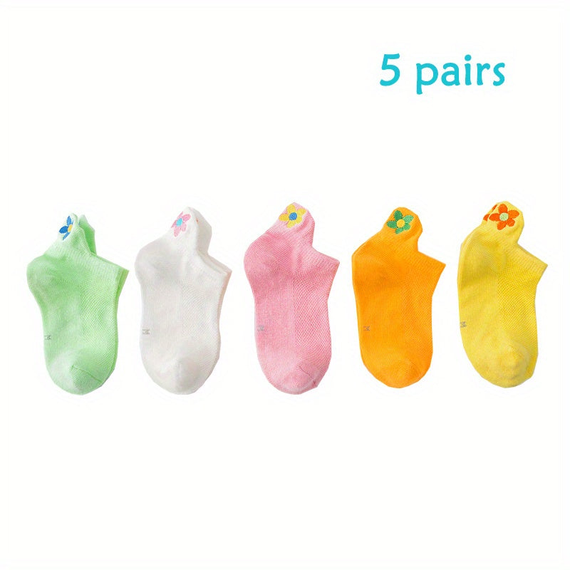 5 Pairs Girls Kids Flower Embroidered Ankle Socks for Spring Summer, Ages 1-11