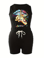 Graphic Print Tank Top & Tie Shorts Set Women's Plus Casual Outfit