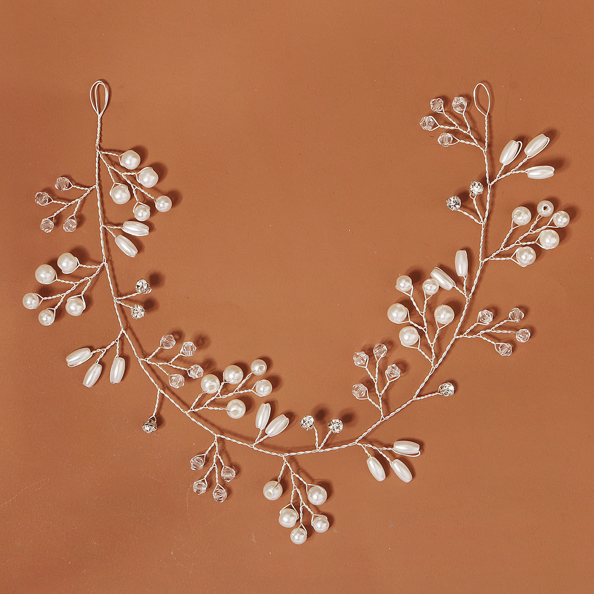 Silvery Flower & Leaf Wedding Hair Vine Pearl Headband
