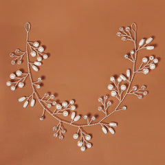Silvery Flower & Leaf Wedding Hair Vine Pearl Headband