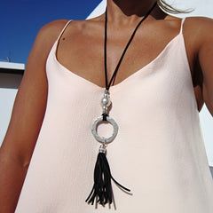 Boho Velvet Faux Leather Tassel Necklace