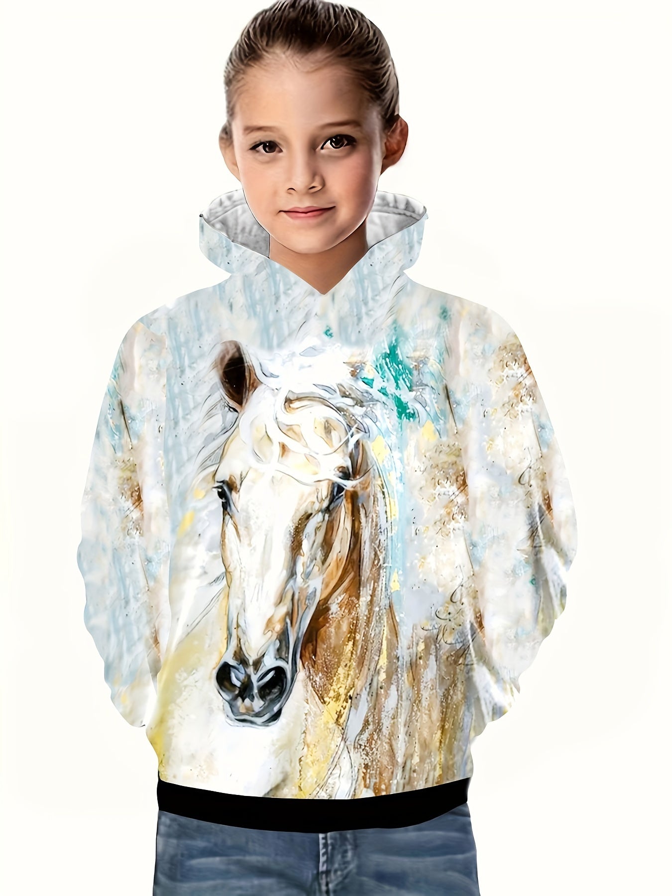 3D Pony Graphic Hoodie Long Sleeve Pullover Sweatshirt Girls Boys Outdoor Gift
