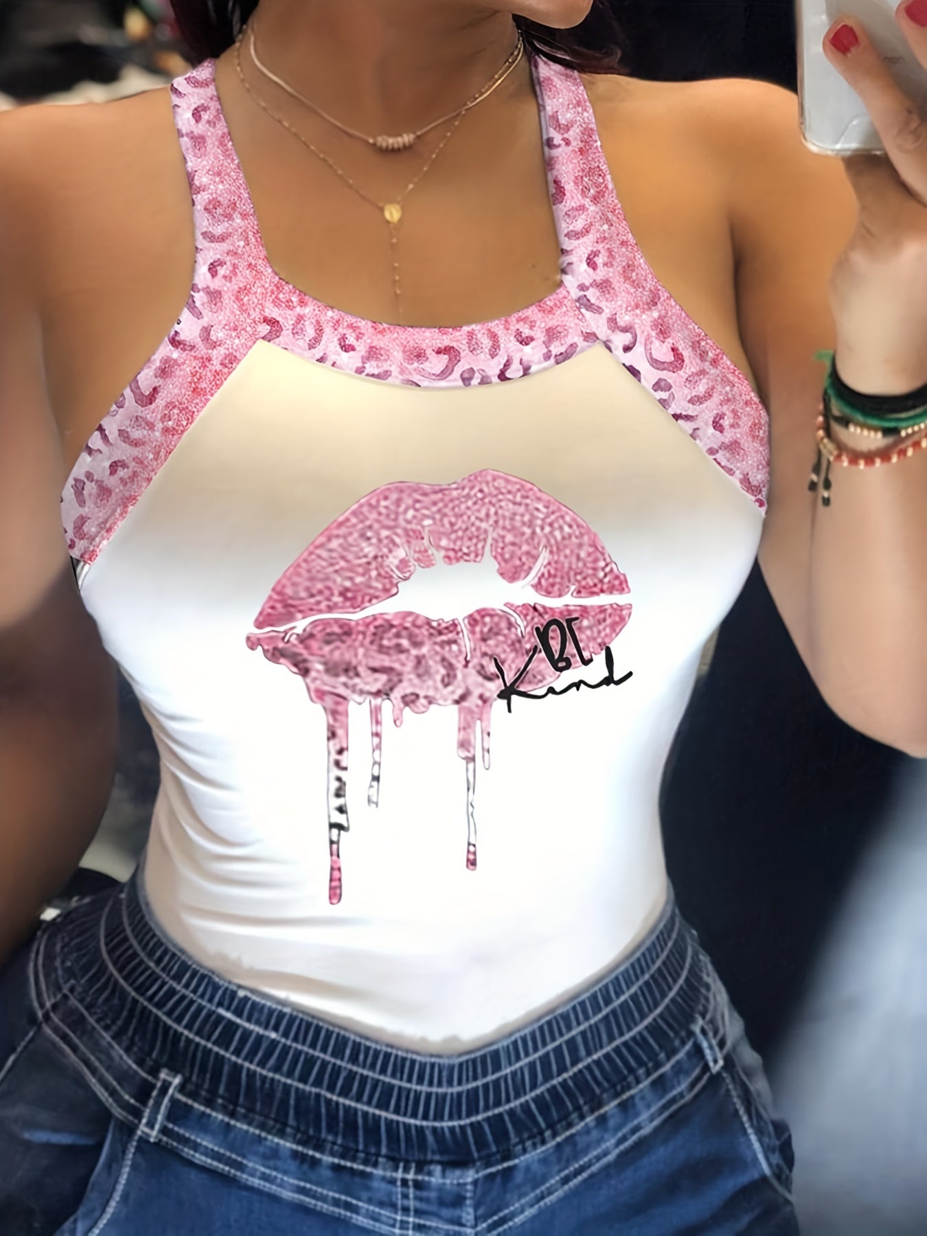 Leopard Lips Print Cami Top Sexy Tie Back Sleeveless Summer Top