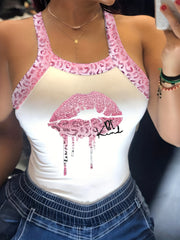 Leopard Lips Print Cami Top Sexy Tie Back Sleeveless Summer Top