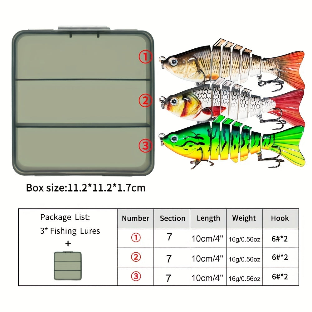 3pcs Fishing Lures 7 Segment Swimbait Crankbait Hard Bait Fishing Hook Tackle