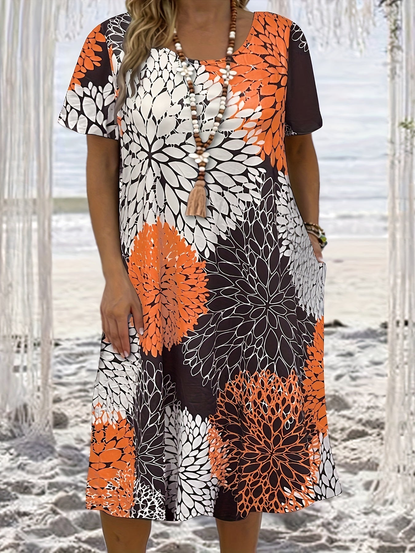 Women's Plus Floral Print Casual Dress with Pockets
