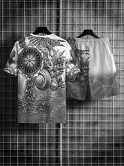 Ethnic Pattern Print Men's 2Pcs Casual Set: T-shirt & Drawstring Shorts