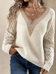 V Neck Cut Out Drop Shoulder Sweater - Women's Casual Long Sleeve Sweater