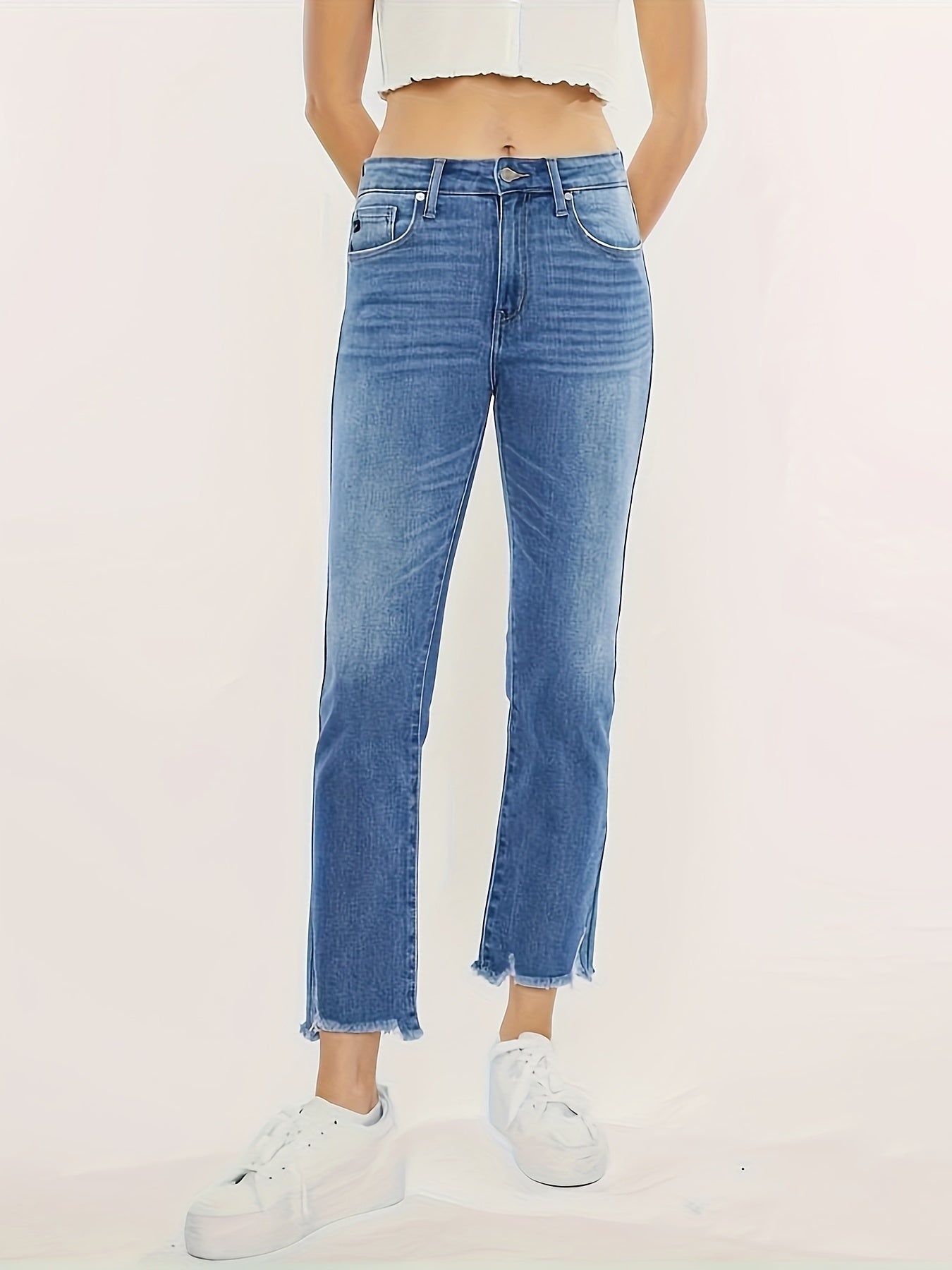 Plus Washed Button Fly Fringe Trim High Stretch Straight Leg Jeans