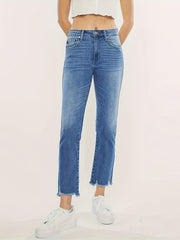 Plus Washed Button Fly Fringe Trim High Stretch Straight Leg Jeans