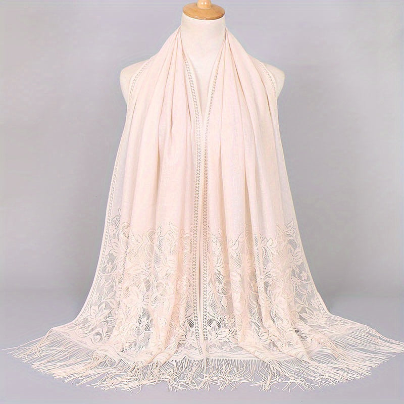 Solid Embroidery Scarf Lace Church Veil Wedding Bridal Shawl Hollow Tassel