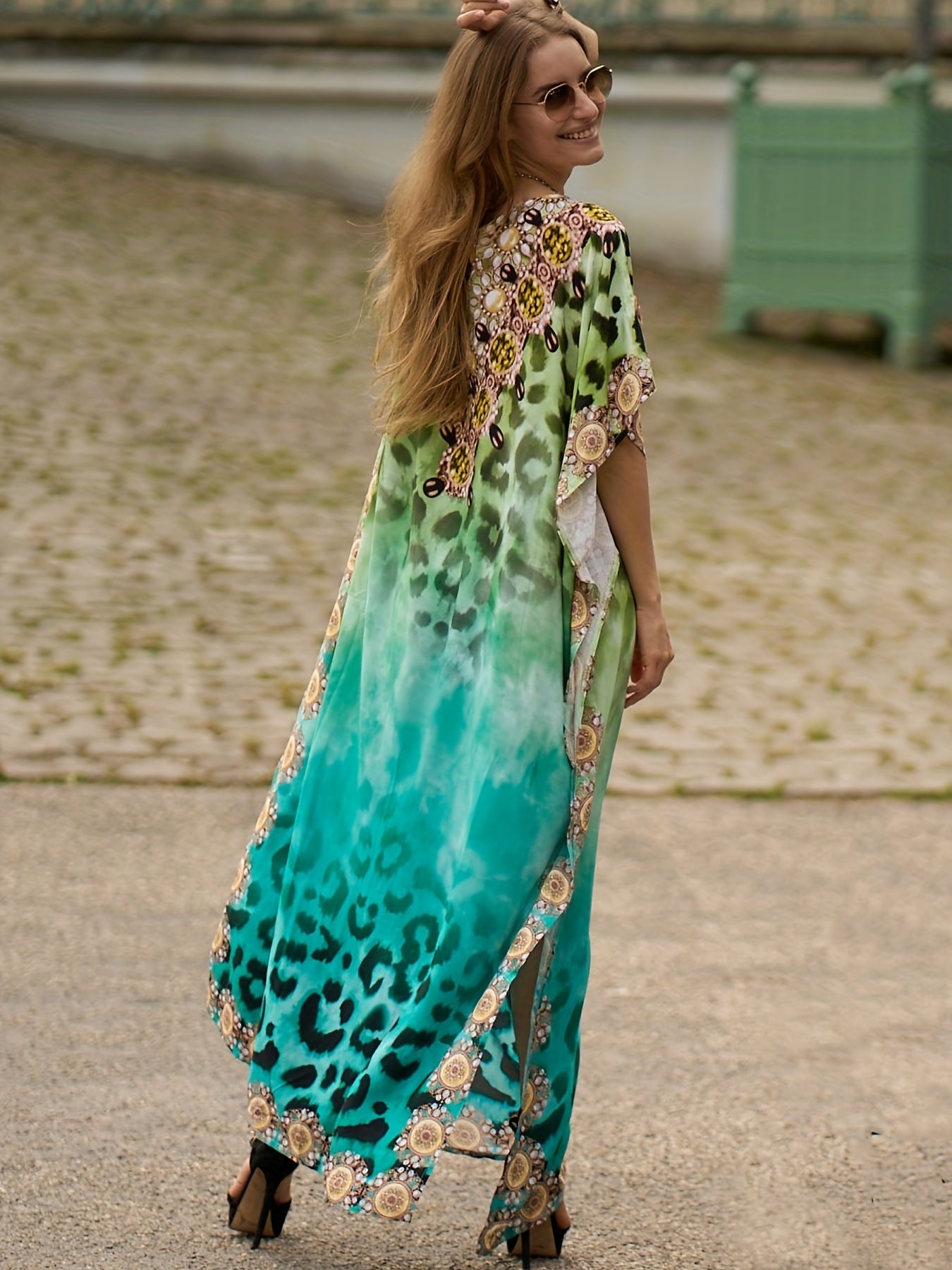 Boho Cover Up Tie Dye Stripe Print V Neck Bat Sleeve Split Dress
