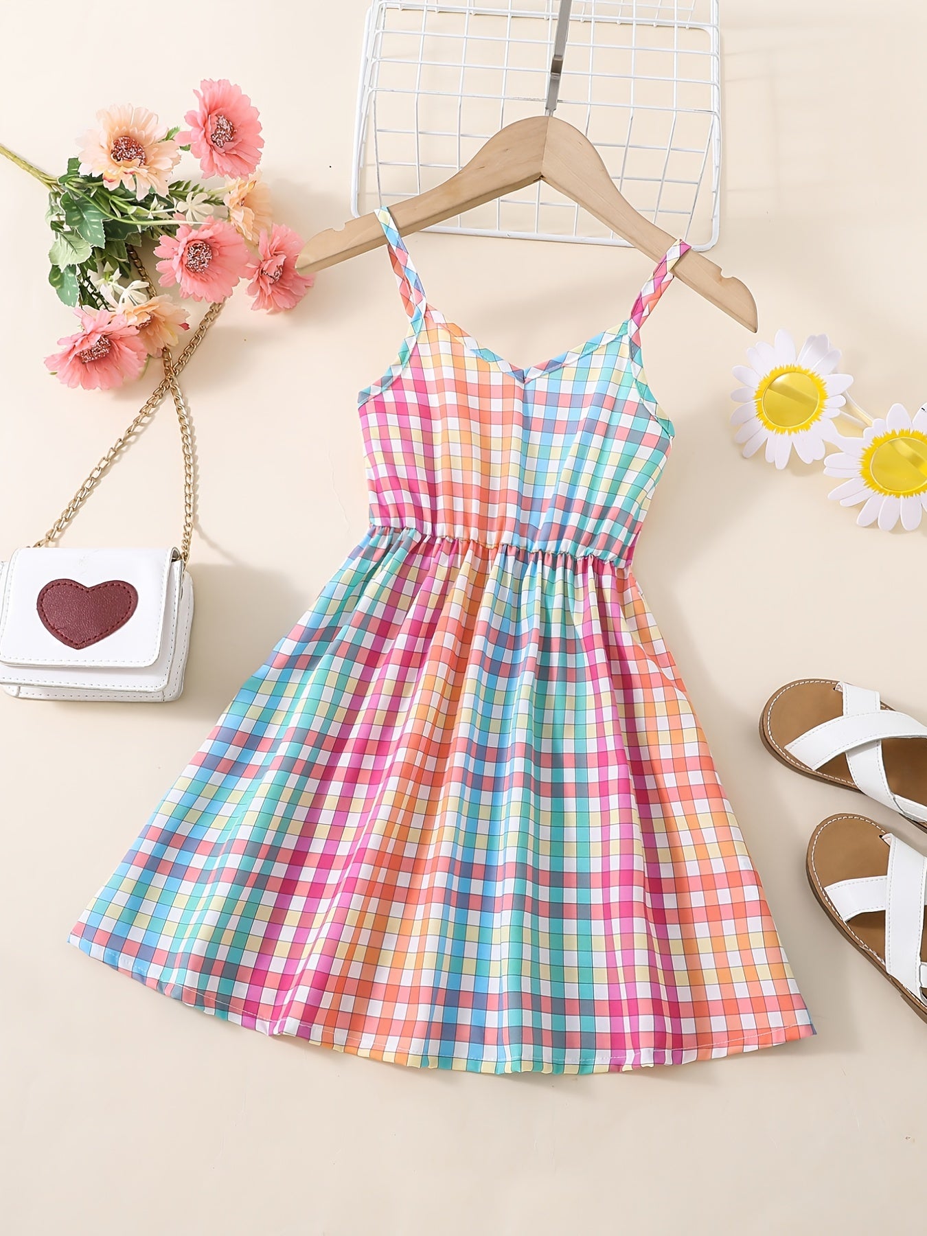 Girls Colorful Plaid V neck Cami Dress For Party Holiday