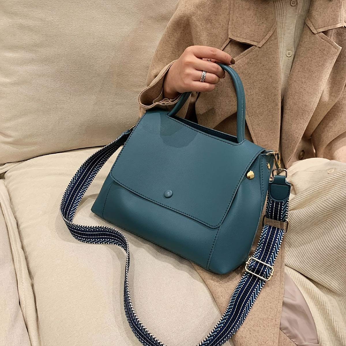 Minimalist Flap Satchel Bag PU Leather Top Handle Purse Women's Work Crossbody