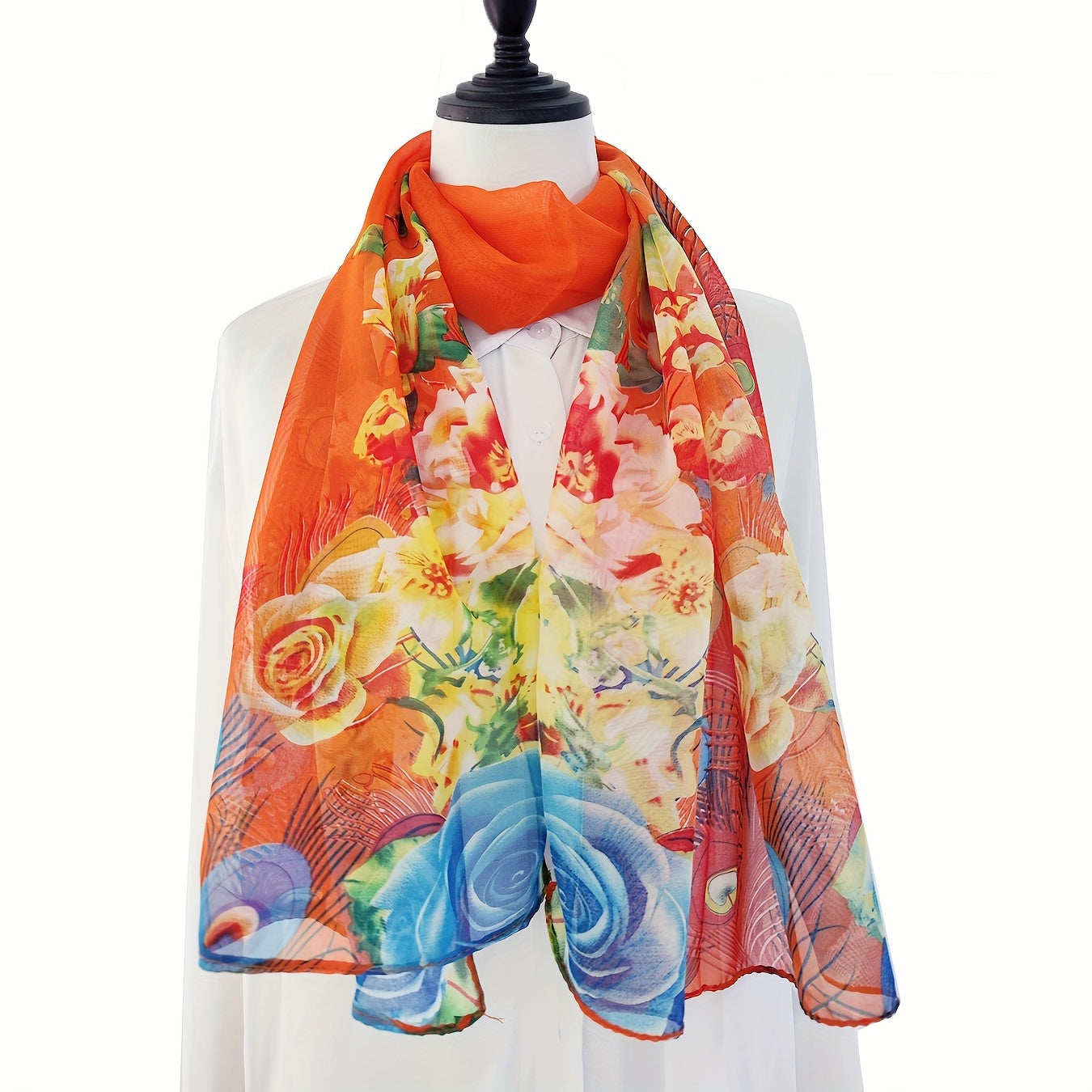 Peacock Print Chiffon Scarf for Women