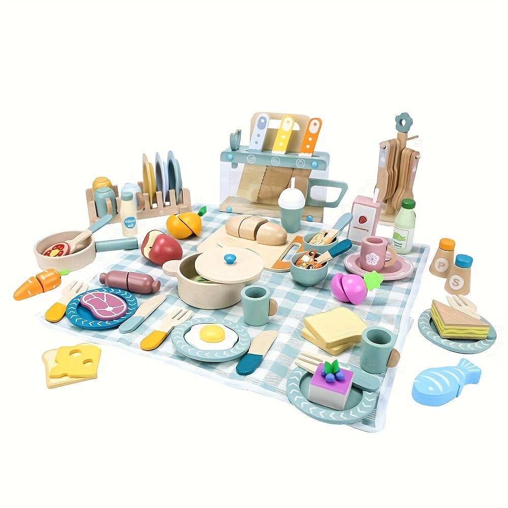 Wooden Pretend Play Kitchen Set with Food & Utensils for Picnics & Cooking Fun