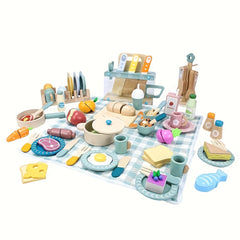Wooden Pretend Play Kitchen Set with Food & Utensils for Picnics & Cooking Fun