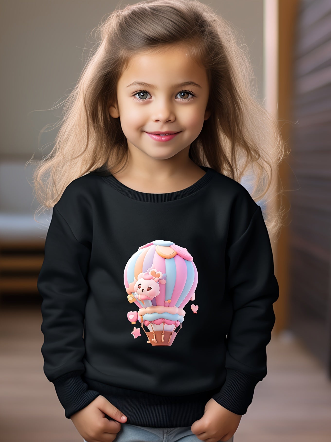 Girls Hot Air Balloon Pattern Crew Neck Sweatshirt