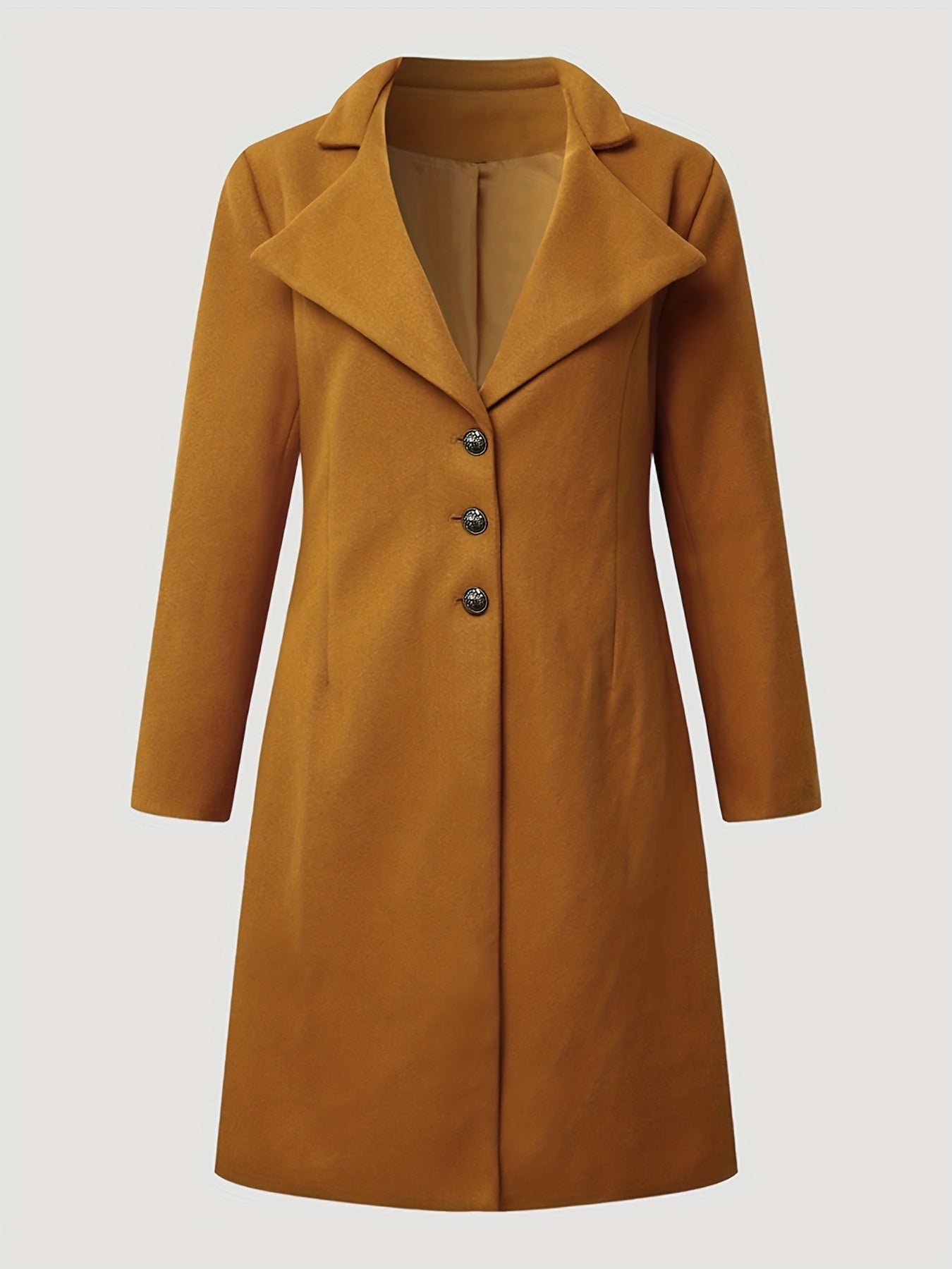 Solid Button Front Trench Coat Lapel Neck Long Sleeve Warm Coat