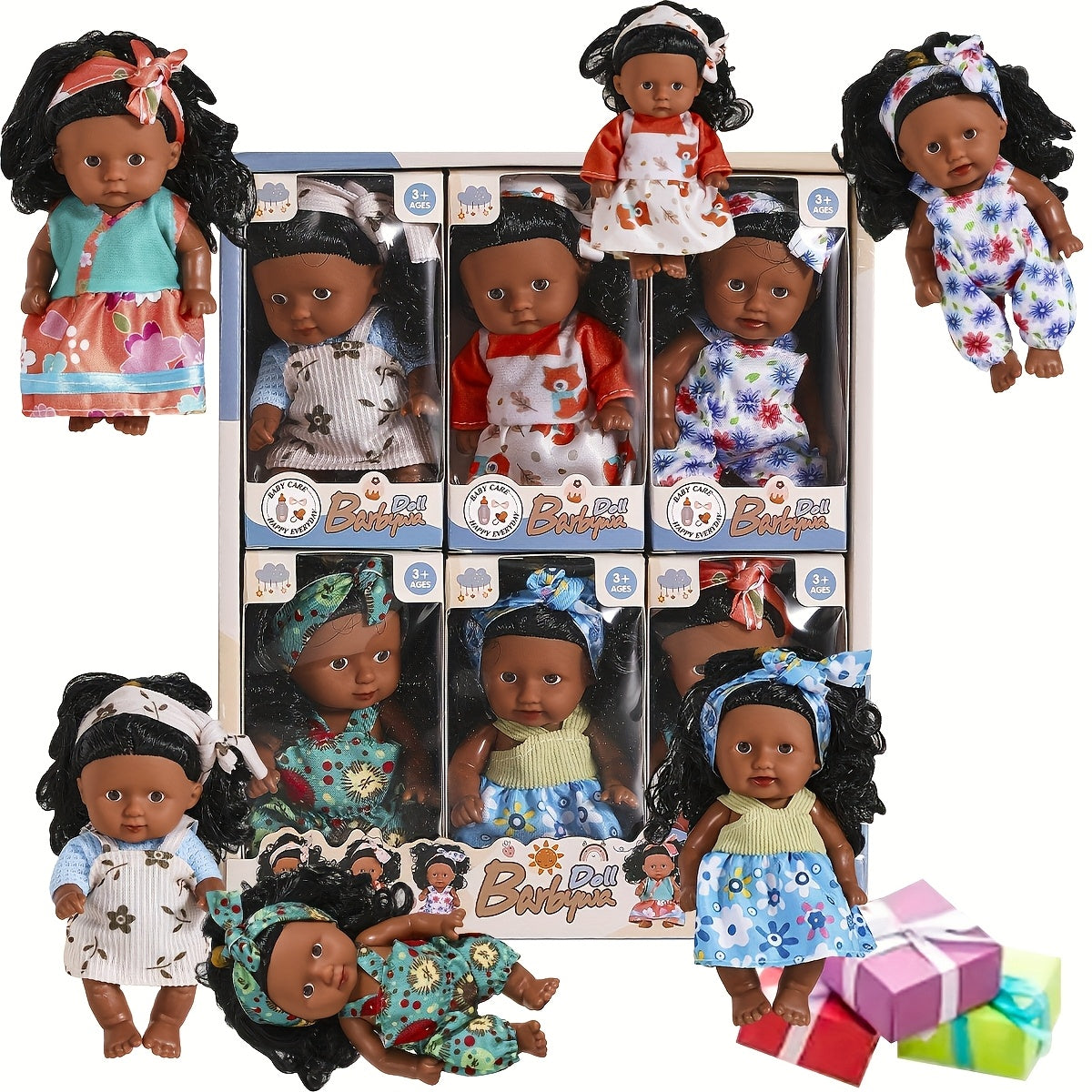 6pcs African Girl Doll Set with Clothes and Curly Hair for Children 3-8