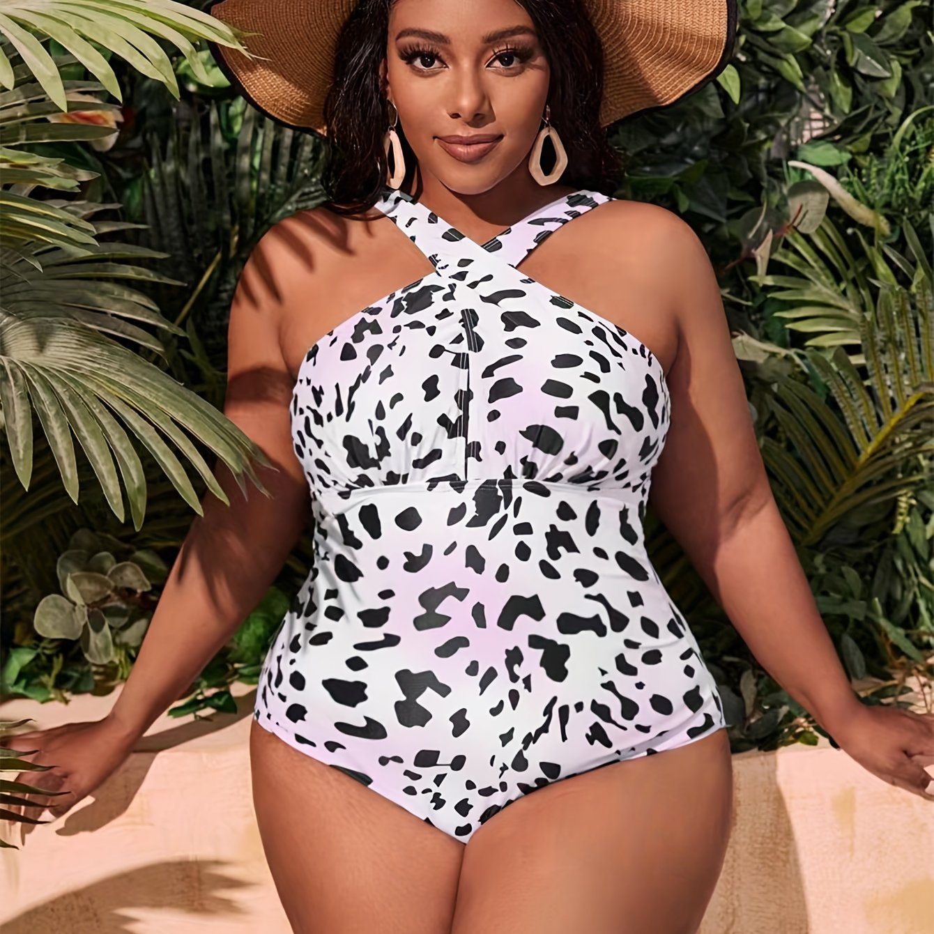 Tie Dye & Cow Print Halter One Piece Swimsuit