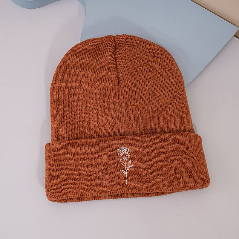 Mature Rose Vintage Embroidered Knit Hat With Rose Print