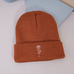Mature Rose Vintage Embroidered Knit Hat With Rose Print