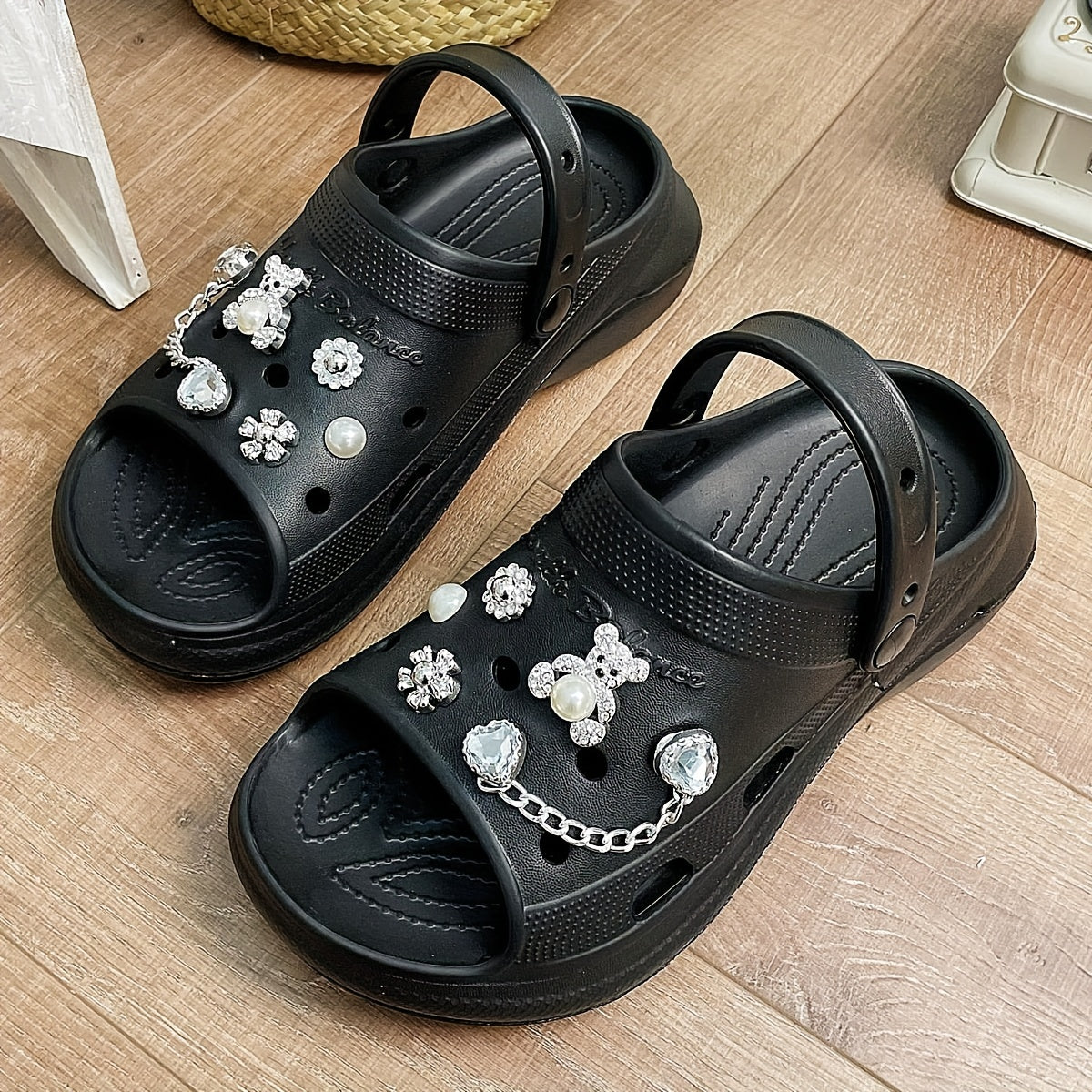 Women's Bear Charms Clogs Rhinestone Peep Toe Platform Sandals