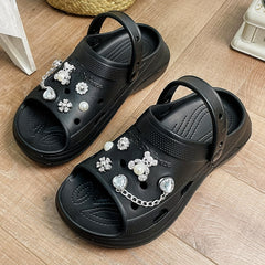 Women's Bear Charms Clogs Rhinestone Peep Toe Platform Sandals
