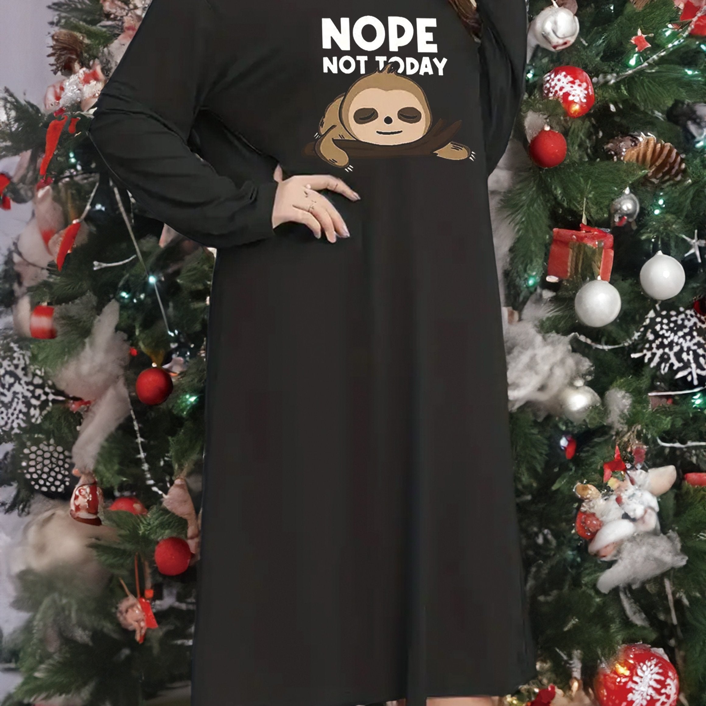 Sloth Graphic Long Sleeve Round Neck Sleep Dress