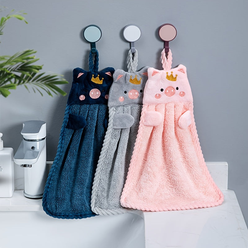 Coral Velvet Piggy Embroidery Hand Towel