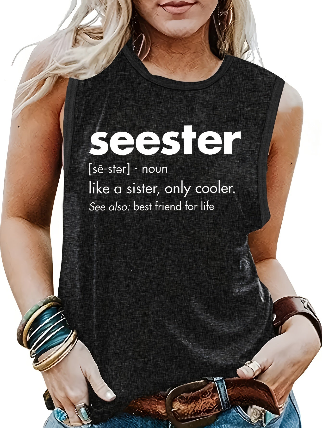 Letter Print Crew Neck Tank Top for Women