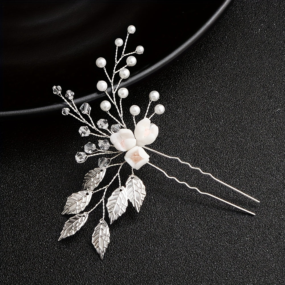 Faux Pearl Crystal Beads Bridal Hairpin Floral U Shaped Hair Sticks