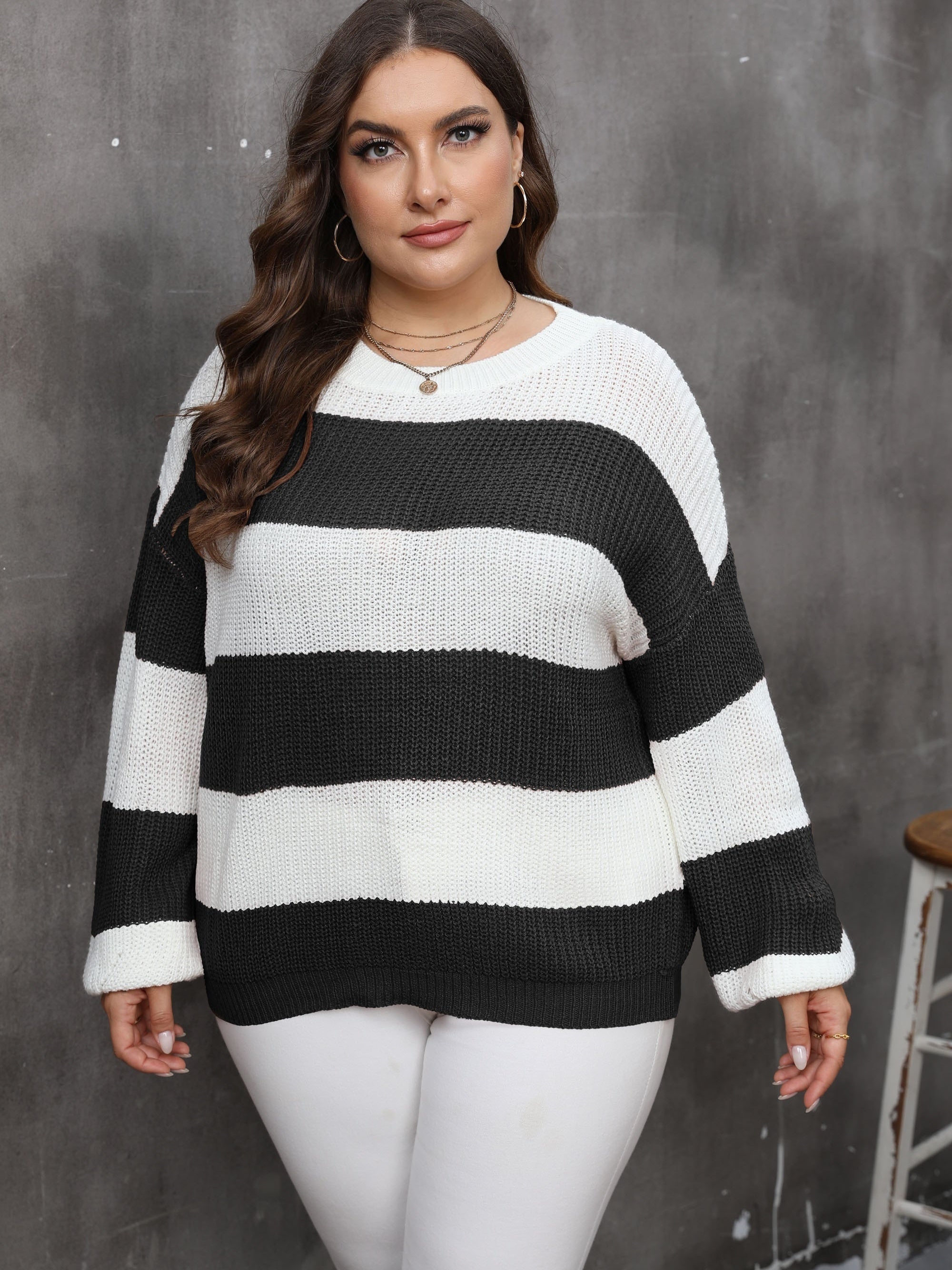 Casual Sweater Women's Plus Stripe Print Drop Shoulder Lantern Sleeve