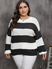 Casual Sweater Women's Plus Stripe Print Drop Shoulder Lantern Sleeve